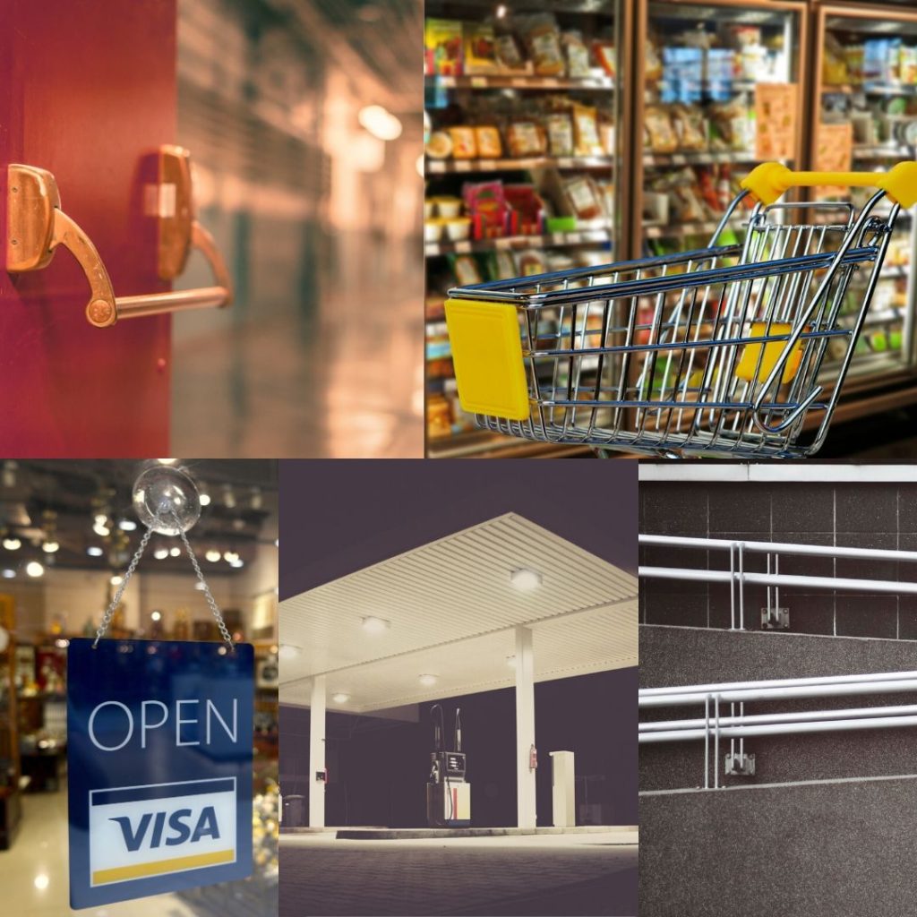 Public surfaces, door handles, grocery carts, card readers, gas pumps and rails.