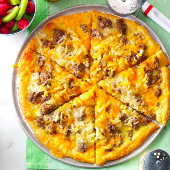 Sausage and Hashbrown Breakfast Pizza recipe for high protein breakfast that is low carb Genepro protein powder 