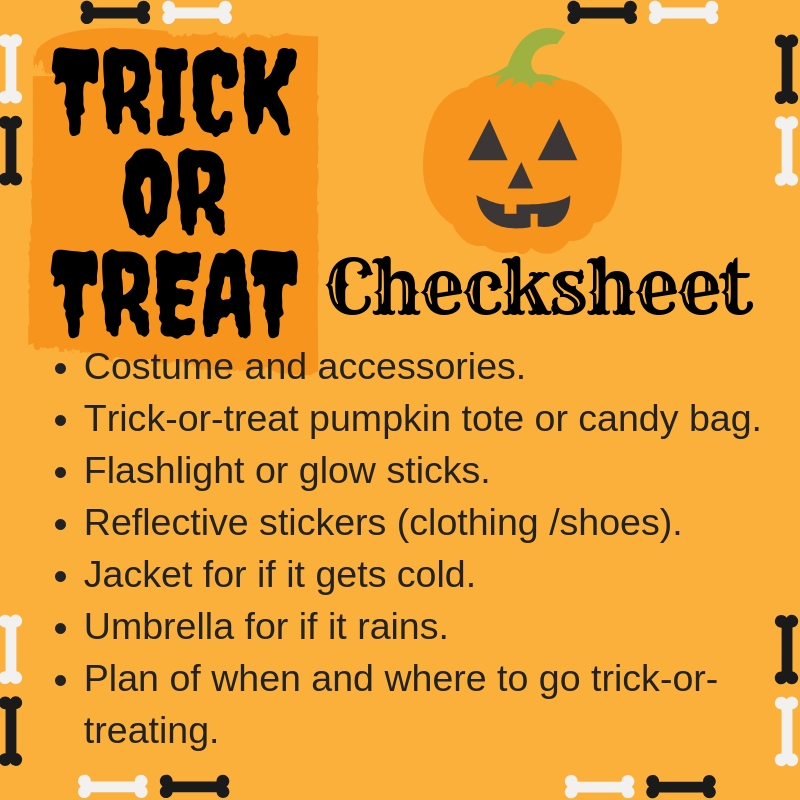 trick or treat check sheet for Halloween costumes tote flashlight reflective stickers jacket umbrella